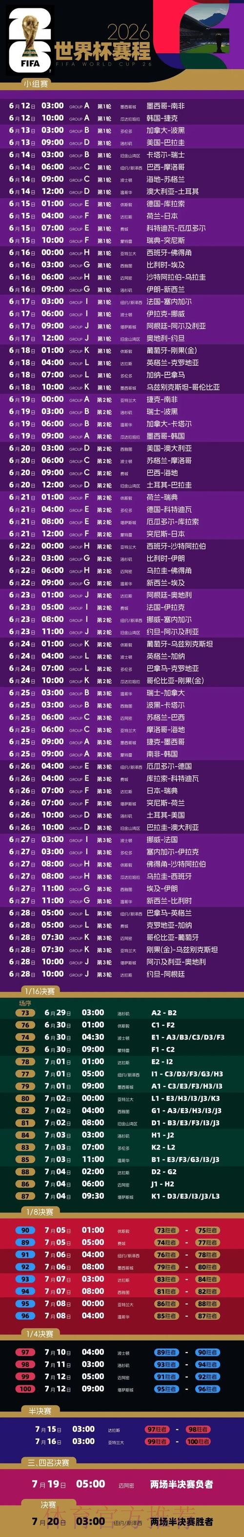 2026世界杯每日赛程完整版比赛时间表免费观看